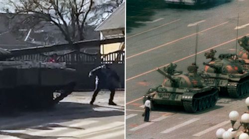 Ukrainian man stopping Russian tank footage resembles a symbolic image from Tiananmen Square in 1989.