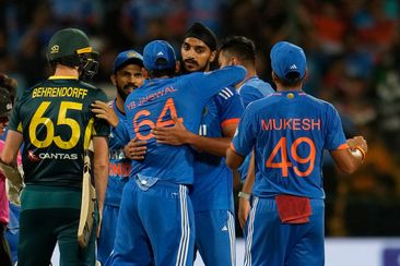India&#x27;s players celebrate beating Australia in the fifth Twenty20.