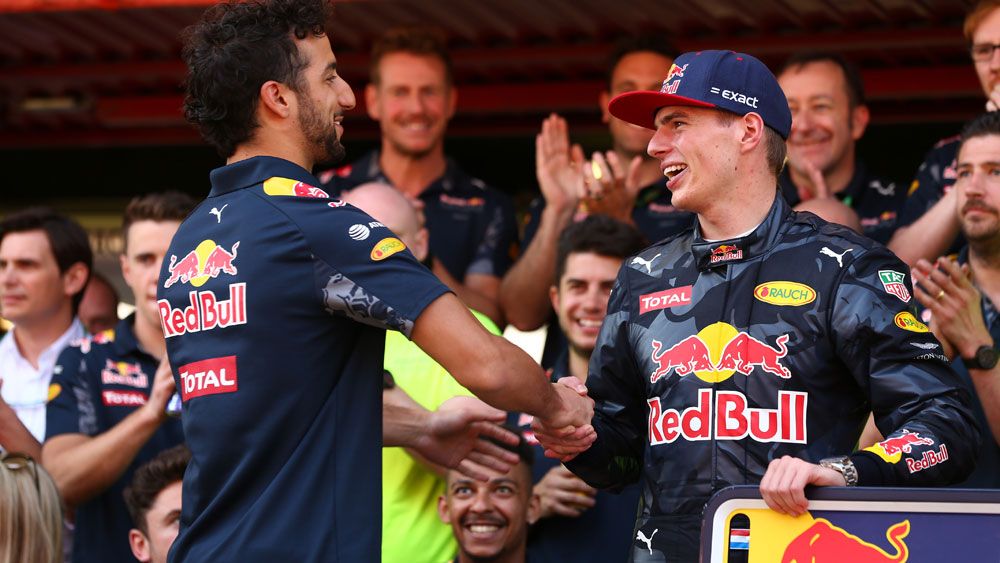 Daniel Ricciardo congratulates Max Verstappen after the Spanish GP. (AAP)