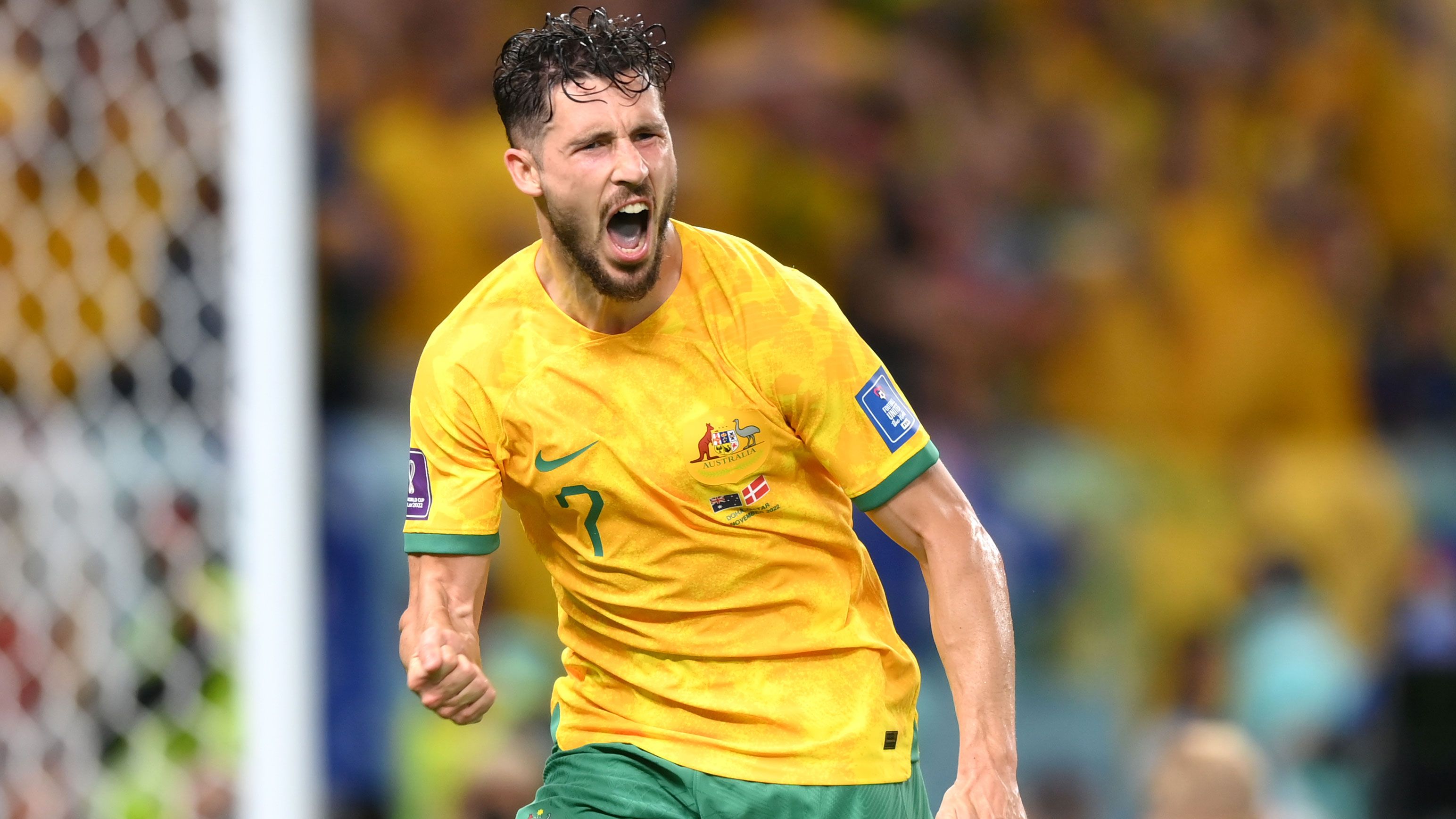 Mathew Leckie celebrates after scoring a goal for the Socceroos against Denmark.