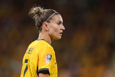BRISBANE, AUSTRALIA - JULY 27: Steph Catley of Australia looks on  during the FIFA Women's World Cup Australia & New Zealand 2023 Group B match between Australia and Nigeria at Brisbane Stadium on July 27, 2023 in Brisbane / Meaanjin, Australia. (Photo by Elsa - FIFA/FIFA via Getty Images)