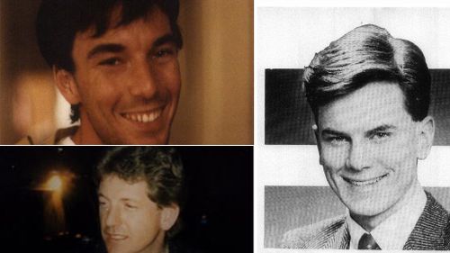 Police are offering $100,000 each for information relating to the men - Giles Mattaini (top left), John Russell (bottom left) and Ross Warren (right). (NSW Police)