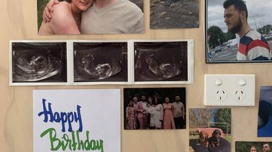 The wall of Hamish Robertson's room at the rehab centre is covered with inspirational images and photos, including the ultrasounds of his unborn baby.