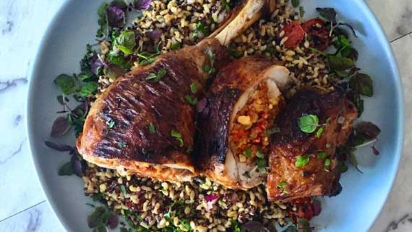 Will and Steve's chorizo and walnut stuffed turkey leg with quinoa salad