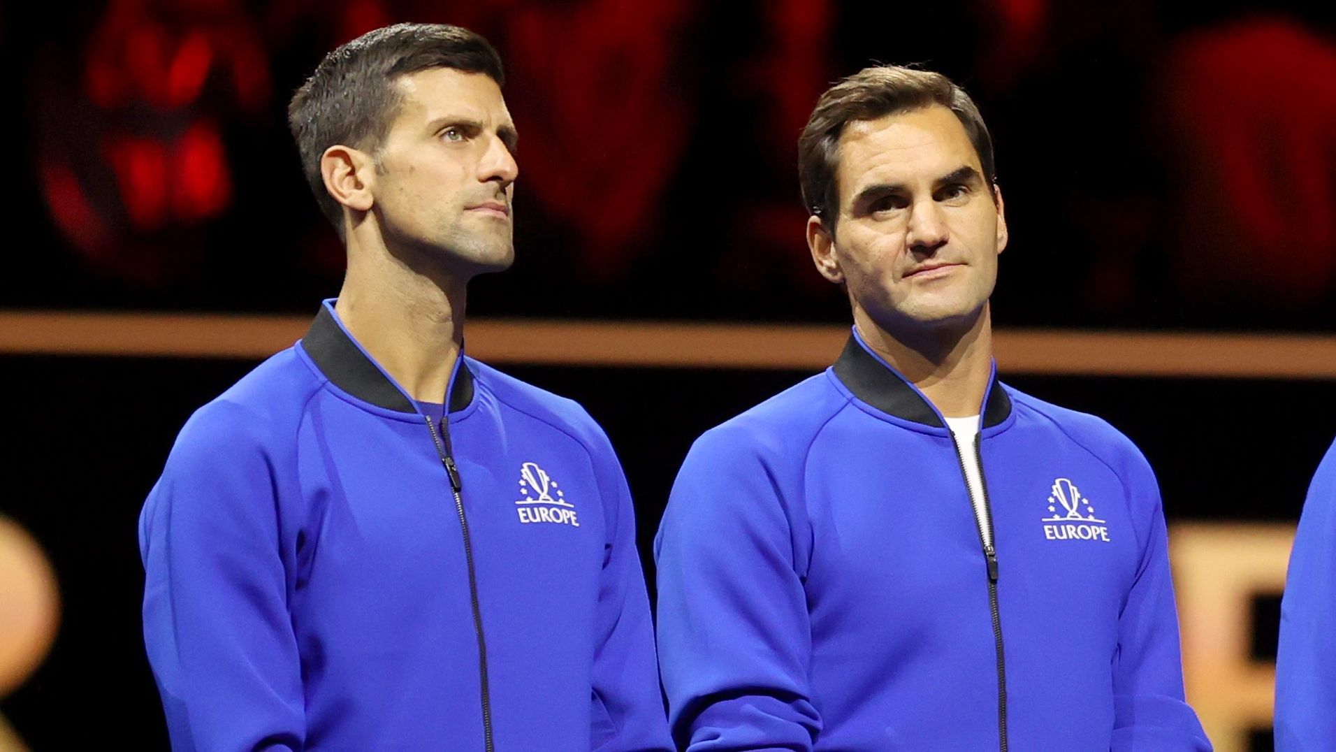 Novak Djokovic and Roger Federer attend the trophy ceremony after the Laver Cup.