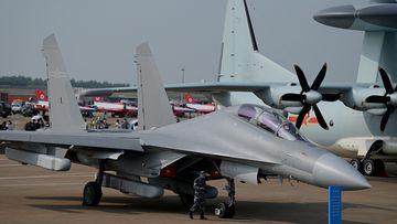 A Chinese J-16 multirole strike fighter for the People&#x27;s Liberation Army Air Force (PLAAF) is shown at the 13th China International Aviation and Aerospace Exhibition in Zhuhai on September 28.