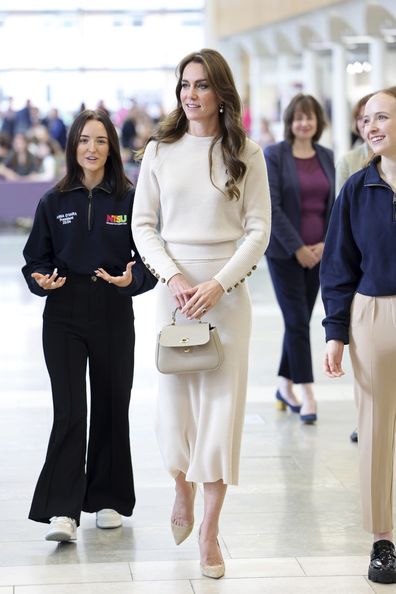 Kate, the Princess of Wales talks to Anna O'Hara, left, President of Nottingham Trent Students' Union and Jess Nuthall, right, Union Development Officer University of Nottingham during a visit to Nottingham Trent University to learn about their mental health support system in Nottingham, England, Wednesday Oct. 11, 2023.  