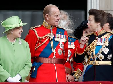  Queen Elizabeth II, Prince Philip, Duke of Edinburgh and Princess Anne, Princess Royal watch a flypast from the balcony of Buckingham Palace during the annual Trooping the Colour Parade on June 16, 2007 in London, England. Trooping the Colour is an annual ceremony, believed to have first been performed during the reign of King Charles II. The parade marks the official birthday