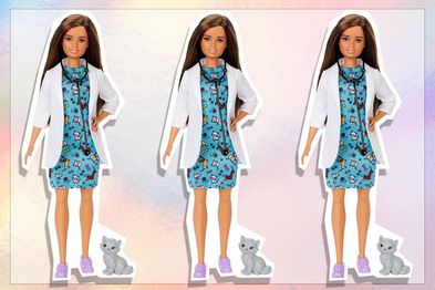9PR: Barbie Pet Vet Brunette Doll with Career Pet-Print Dress, Medical Coat, Shoes and Kitty Patient