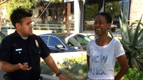 Django Unchained actress Daniele Watts during her arrest. (Supplied)