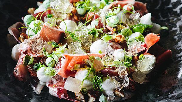 Jamon salad with spiced pecans and apple mint jelly