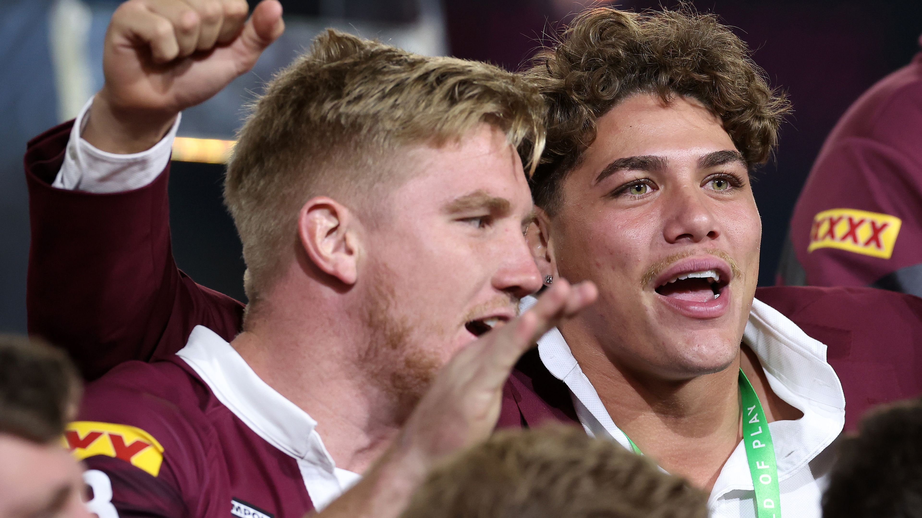Reece Walsh of the Maroons celebrates with team mates after winning the series 2-1 after game three of the State of Origin series.
