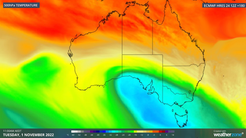 This image shows the 500 hPa temperature at 11am AEDT on Tuesday, according to the ECMWF-HRES model.