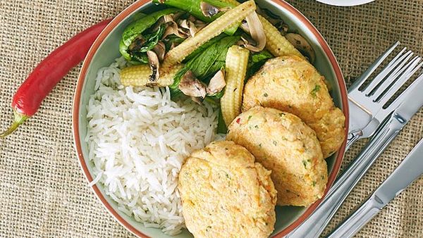 Zoe Bingley-Pullin's Thai fish cakes and stir-fry vegetables with dipping sauce