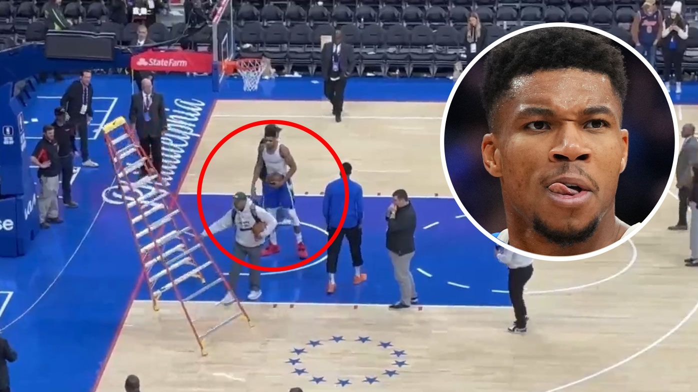 Giannis Antetokounmpo was not impressed after a 76ers arena worker put a ladder in front of the basket