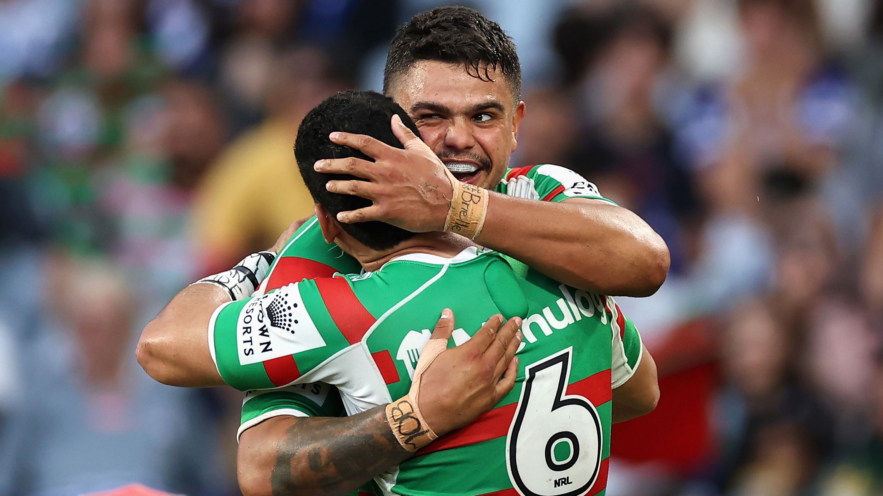 Latrell Mitchell of the Rabbitohs celebrates scoring a try with team mates during the round five NRL match between Canterbury Bulldogs and North Queensland Cowboys at Accor Stadium on April 02, 2023 in Sydney, Australia. (Photo by Cameron Spencer/Getty Images)