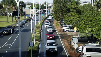 Traffic banked up along Wharf St, Coolangatta on the NSW-Queensland border.