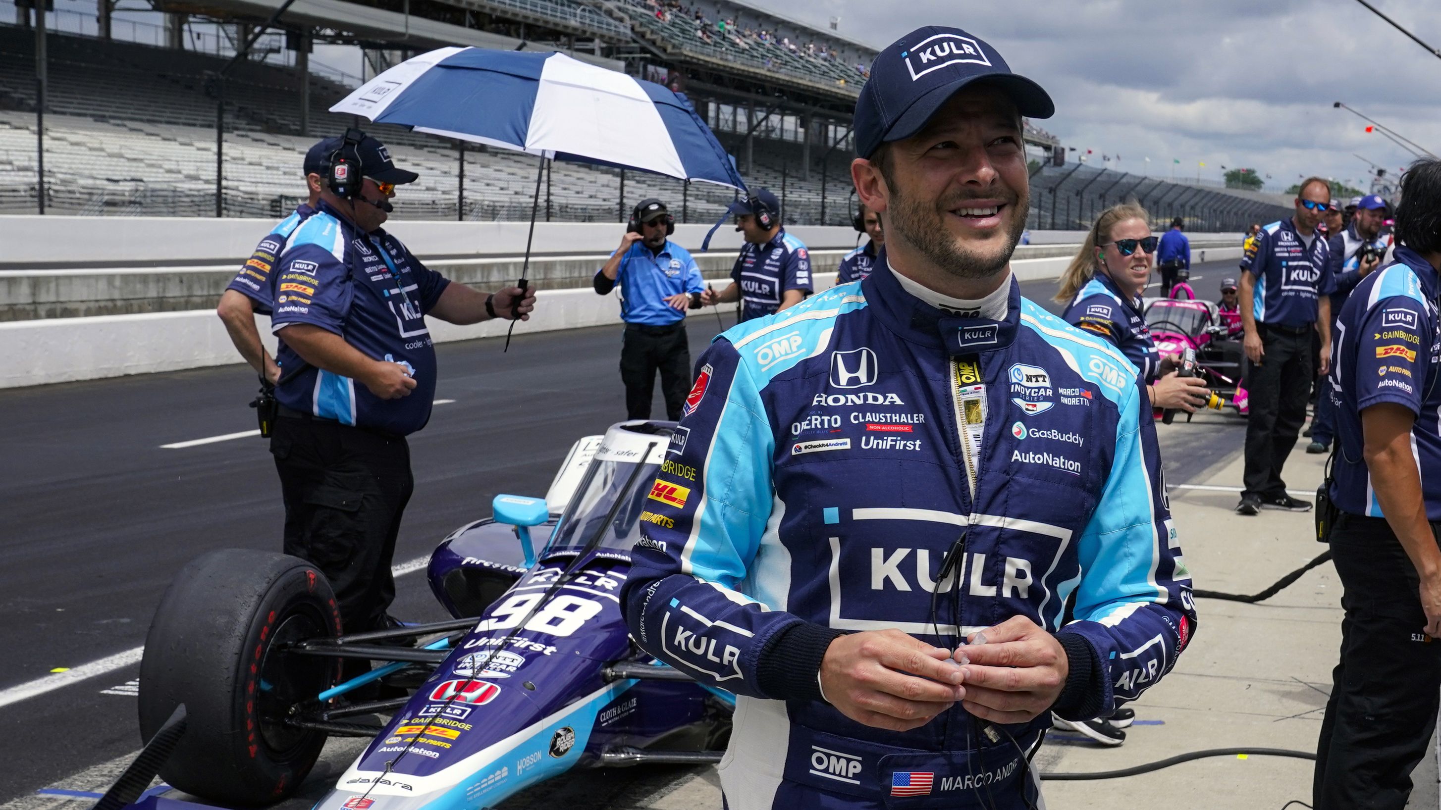 Marco Andretti waits for the start of the final practice for the Indianapolis 500 auto race at Indianapolis Motor Speedway.