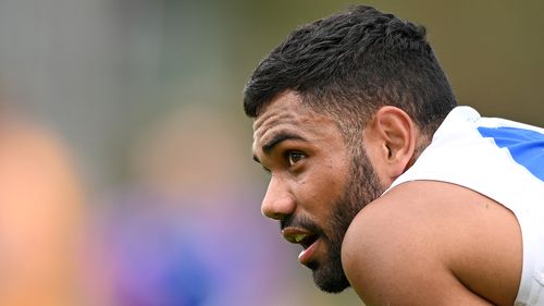 MELBOURNE, AUSTRALIA - MARCH 18: Tarryn Thomas of the Kangaroos looks on during the VFL Practice Match between North Melbourne and Williamstown at Arden Street Ground on March 18, 2023 in Melbourne, Australia. (Photo by Morgan Hancock/Getty Images)