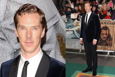 Benedict Cumberbatch, who voices the dragon Smaug, dresses up in a blue velvet suit.