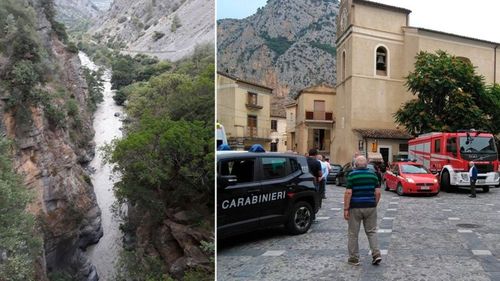 The flash flood hit Raganello Gorge in southern Italy and, right, the rescue effort.