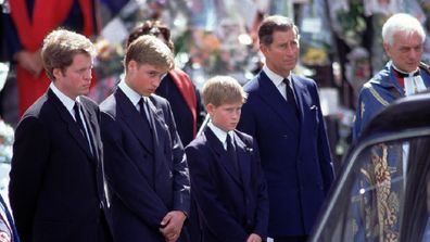 Charles Spencer with Prince Charles, Prince William and Prince Harry at Diana's funeral on 6 September 1997.