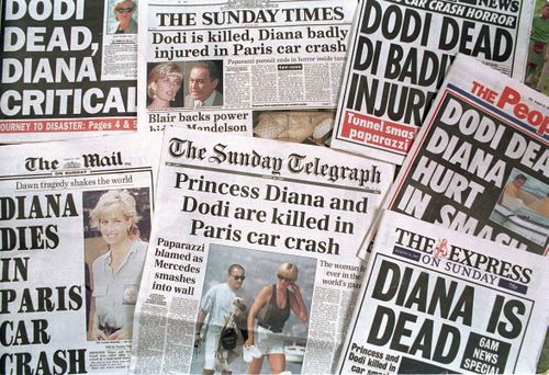 Newspapers announcing the death of Princess Diana in 1997. 