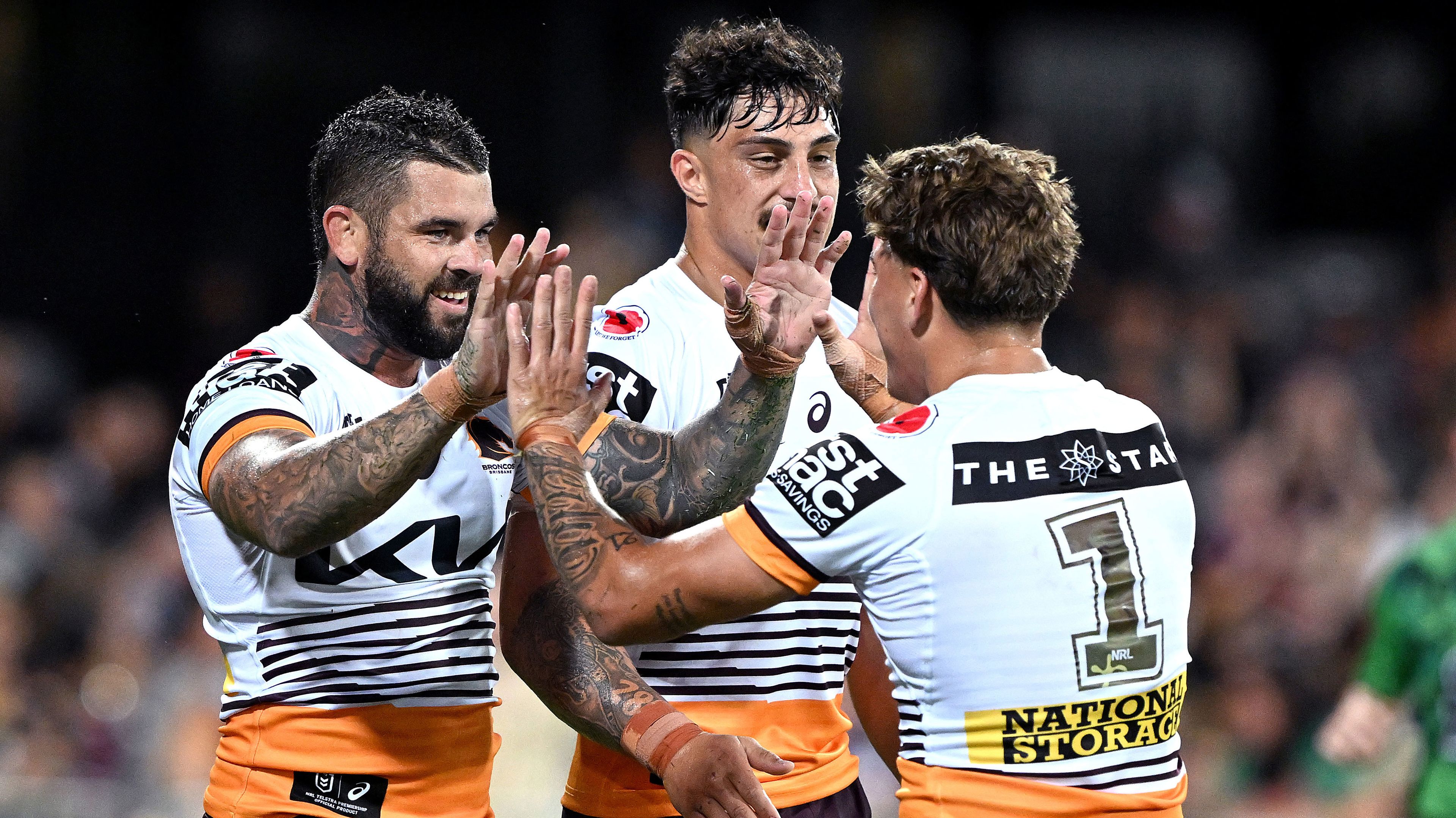 Broncos star Adam Reynolds is congratulated by teammates after scoring a try against the Eels in round eight.