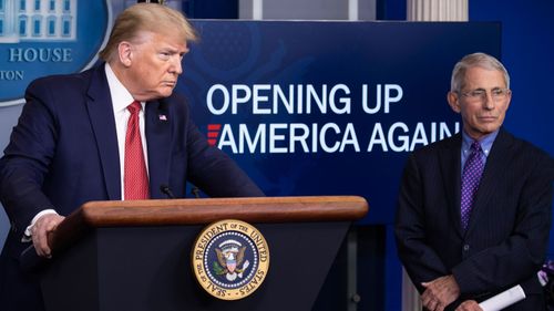 President Donald Trump speaks about the coronavirus, accompanied by Dr. Anthony Fauci in April