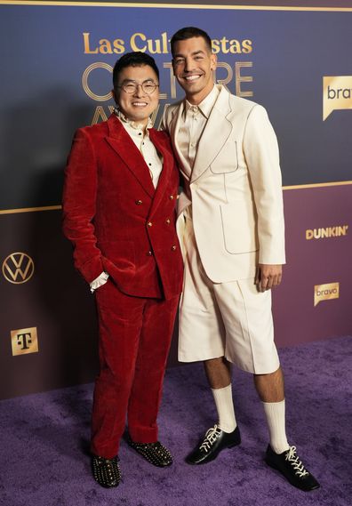 Bowen Yang and Matt Rogers and Matt Rogers, co-hosts of the Las Culturistas Culture Awards held at Orpheum Theatre in Los Angeles on July 17, 2025. 