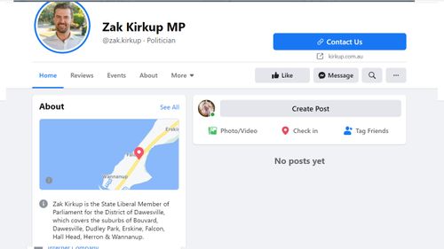 WA MP Zak Kirkup's page has been removed by Facebook