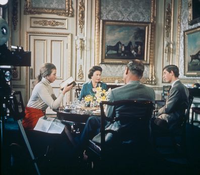 Queen Elizabeth II lunches with Prince Philip and their children Princess Anne and Prince Charles 