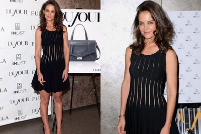Sheer LBD? Tousled locks? A sneak peek of sexy lingerie? Yep, Katie Holmes brought sexy back at her <I>DuJour</I> cover party.<br/><br/>Perhaps she ramped up the sultry because of how smoking-hot her shoot for the fash-mag was...? <br/><br/>Bonus points for the tousled locks and post-sex (faux) glow.