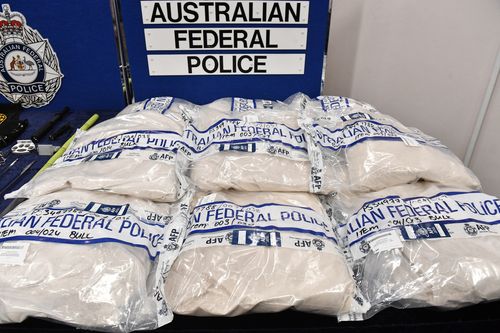 Bags of ephedrine are seen at a press conference at Australian Federal Police (AFP) headquarters in Sydney. (AAP)