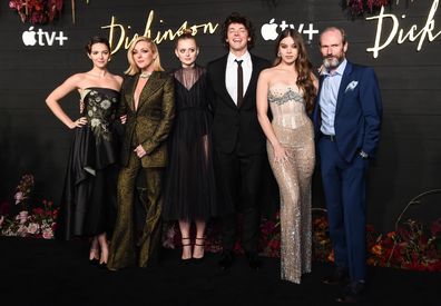 Dickinson cast from left to right: Ella Hunt, Jane Krakowski, Anna Baryshnikov, Adrian Blake Enscoe, Hailee Steinfeld and Toby Huss attend the Season 1 premiere on  Dickinson in 2019. 