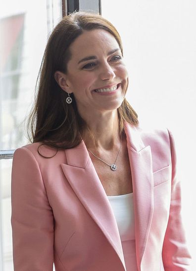 Catherine, Duchess Of Cambridge smiles as she departs after hosting a roundtable with Government ministers and the Early Years sector to mark the release of new research from the Royal Foundation Centre for Early Childhood on June 16, 2022 in London, England. 