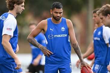 MELBOURNE, AUSTRALIA - MARCH 18: Tarryn Thomas of the Kangaroos warms up ahead of the VFL Practice Match between North Melbourne and Williamstown at Arden Street Ground on March 18, 2023 in Melbourne, Australia. (Photo by Morgan Hancock/Getty Images)