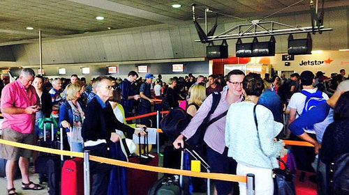 Jetstar passengers in Melbourne face a lengthy wait for their flights.