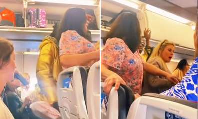 Traveller is filmed pushing past people as everyone waits to get off a plane after flight