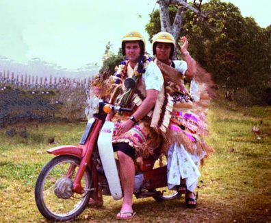 Ken and Silva on their 'getaway' scooter after getting married.