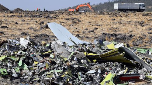 Pieces of the wreckage of an Ethiopia Airlines Boeing 737 Max 8 aircraft are piled at the crash site near Bishoftu, Ethiopia.