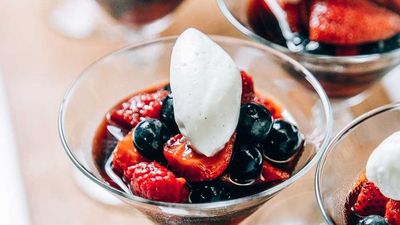 Recipe: <a href="http://kitchen.nine.com.au/2017/09/22/12/00/luke-mangan-berries-poached-in-balsamic-with-vanilla-cream" target="_top">Luke Mangan's berries poached in balsamic with vanilla cream</a>