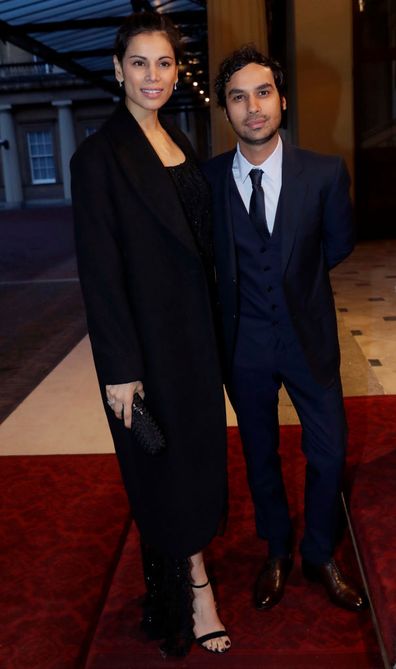 British Indian actor Kunal Nayyar and his wife Indian model Neha Kapur pose for photographs as they arrive for a reception to mark the launch of the UK-India Year of Culture 2017 at the Grand Entrance of Buckingham Palace in London, Monday, Feb. 27, 2017. (AP Photo/Matt Dunham, Pool)
