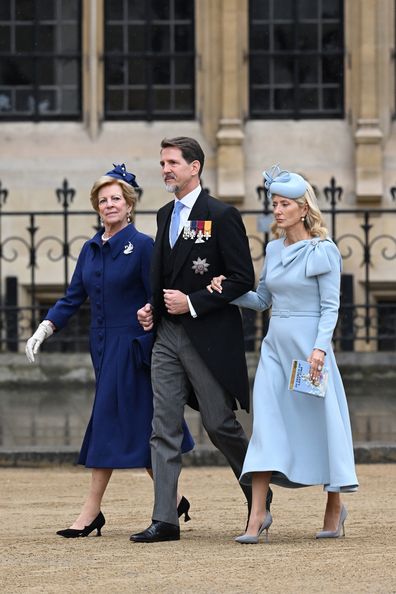 Queen Anne-Marie, Pavlos, Crown Prince of Greece and Marie-Chantal, Crown Princess of Greece attend the Coronation of King Charles III and Queen Camilla on May 06, 2023 in London, England. 