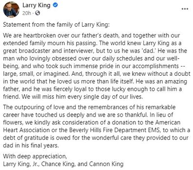 Larry King, sons, pay tribute, Facebook message, statement