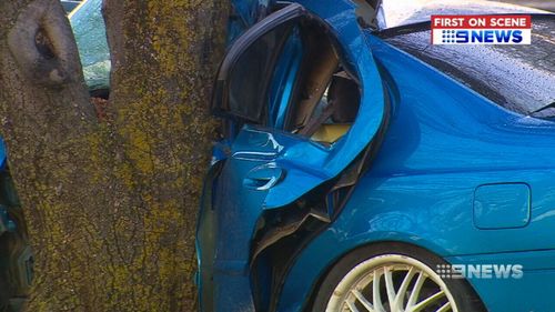 The 23-year-old's car was trapped and pinned against the tree. Picture: 9NEWS