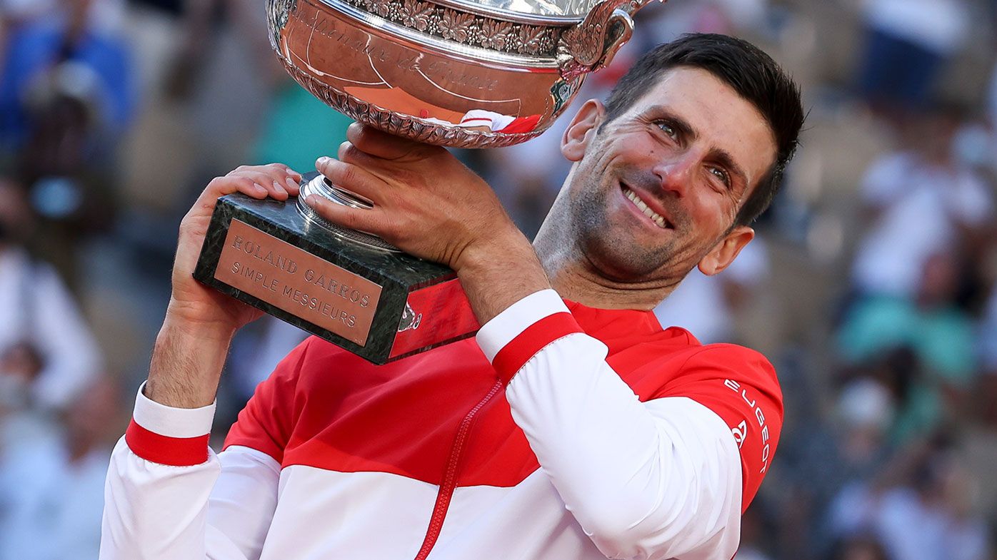 Novak Djokovic with the Roland Garros trophy.