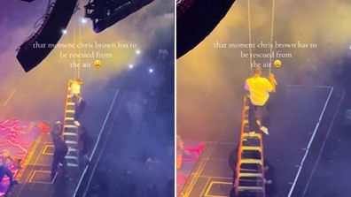 Rapper Chris Brown gets rescued after being stuck mid-air during concert