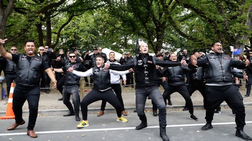 Members of the Tu Tangata motorcycle club perform a haka outside the Al Noor mosque in Christchurch, New Zealand