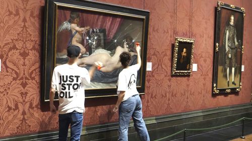 Activists hit the protective glass on a Diego Velázquez at the National Portrait Gallery in London.